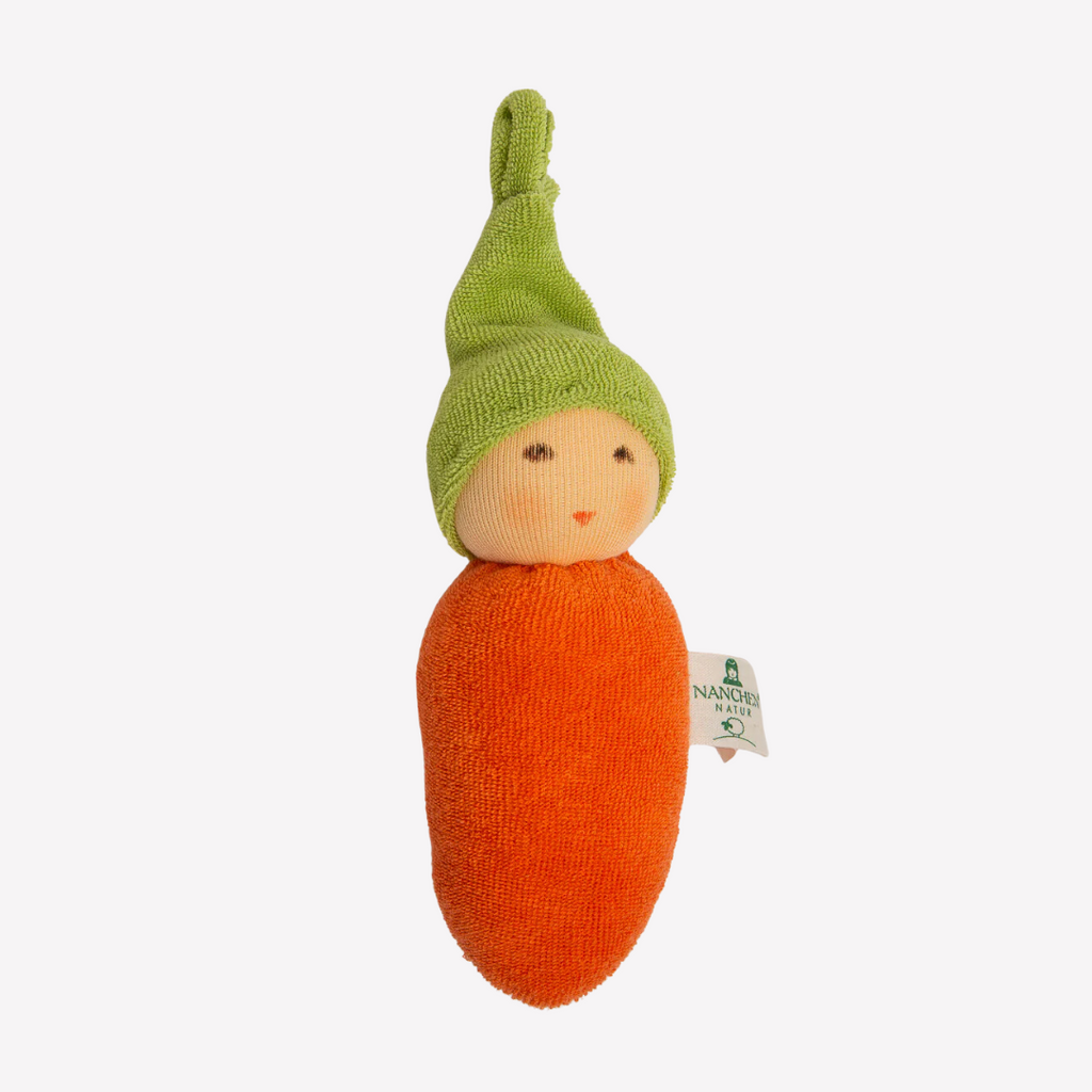 The cutest carrot ever! Sweet and charming... fresh from the garden, this little rattle is perfect for baby. Lovingly handmade to be just right for little hands to grasp, hold and love. Wonderfully appealing and adorable to look at, the subtle expression is calming and comforting. A friend to have along anytime or a adorable gift! Other items sold separately.
Organic Cotton and Organic Wool
