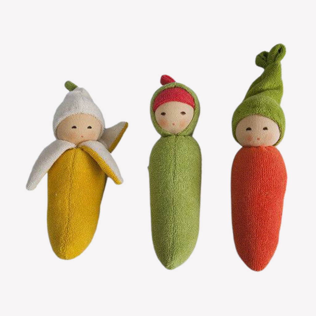 With the friends - The cutest carrot ever! Sweet and charming... fresh from the garden, this little rattle is perfect for baby. Lovingly handmade to be just right for little hands to grasp, hold and love. Wonderfully appealing and adorable to look at, the subtle expression is calming and comforting. A friend to have along anytime or a adorable gift! Other items sold separately.
Organic Cotton and Organic Wool
