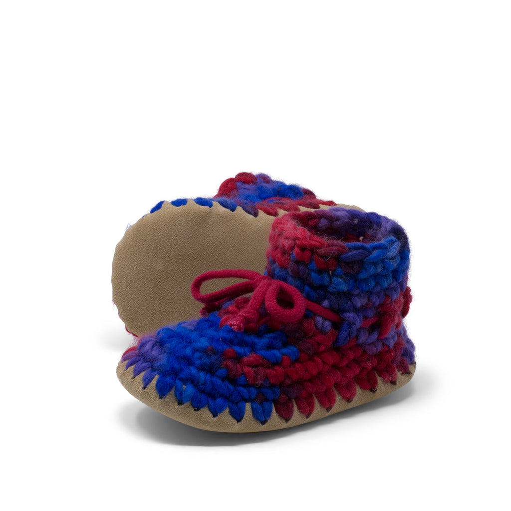 These wonderful hand-dyed wool crocheted slippers are made by a family business in Canada and are Elf-approved for their beauty, and eco-friendly production. Padraig slippers are an all-purpose slipper with the same great sheepskin soling. Innersoles are soft, genuine sheepskin, and outersoles feature non-slip suede. Wool will keep your foot cool and dry in warm weather, warm and dry in cold weather. Machine Washable, Sheepskin innersoles and non slip suede bottoms  Upper stretches to easily slip foot in.  