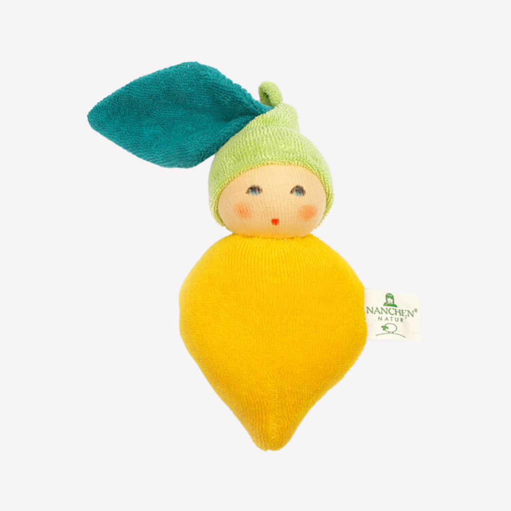 The cutest lemon ever! Sweet and juicy... freshly picked, this little rattle is perfect for baby. Lovingly handmade to be just right for little hands to grasp, hold and love. Wonderfully charming and adorable to look at, the subtle expression is calming and comforting. A friend to have along anytime or a adorable gift!
Organic Cotton and Organic Wool
