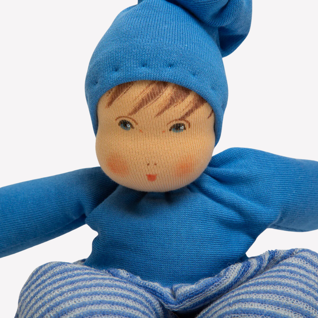 Nanchen Natur Mopschen Sleeping Doll - Organic Cotton and Organic Wool - Sweet and squishy, so cuddly... this little doll is perfect for baby. Lovingly handmade to be just right for little hands to grasp, hold and love. Wonderfully charming and adorable to look at, the subtle expression is calming and comforting. A friend to have along for naptime or anytime or a perfect gift! 