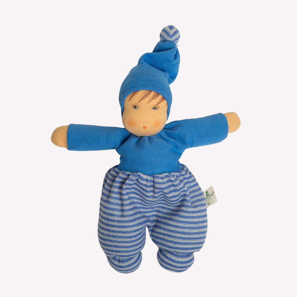 Nanchen Natur Mopschen Sleeping Doll - Organic Cotton and Organic Wool - Sweet and squishy, so cuddly... this little doll is perfect for baby. Lovingly handmade to be just right for little hands to grasp, hold and love. Wonderfully charming and adorable to look at, the subtle expression is calming and comforting. A friend to have along for naptime or anytime or a perfect gift! 