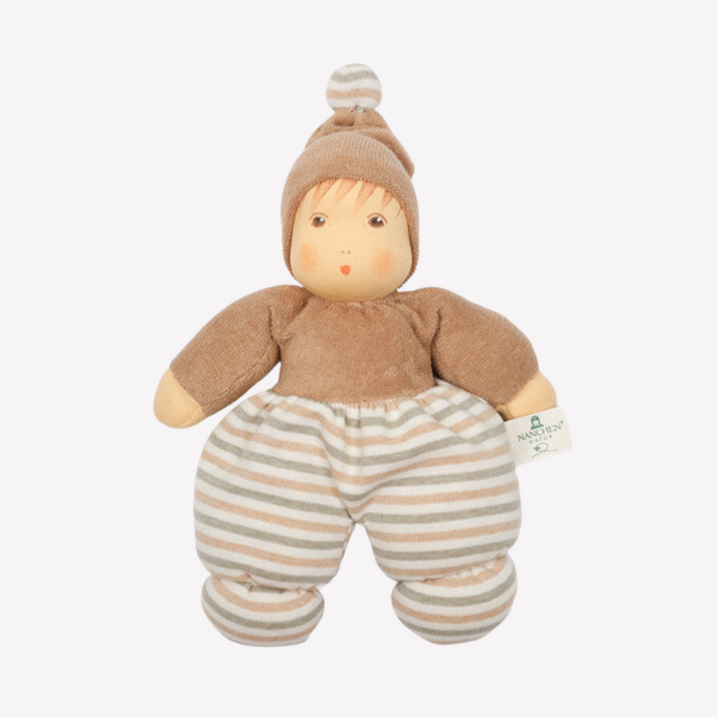 Nanchen Natur Mopschen Sleeping Doll - Organic Cotton and Organic Wool - Sweet and squishy, so cuddly... this little doll is perfect for baby. Lovingly handmade to be just right for little hands to grasp, hold and love. Wonderfully charming and adorable to look at, the subtle expression is calming and comforting. A friend to have along for naptime or anytime or a perfect gift! 