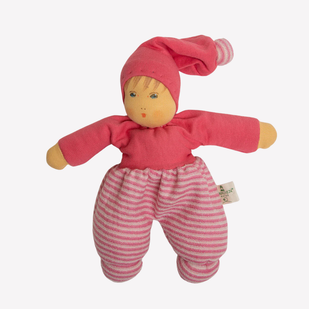 Nanchen Natur Mopschen Sleeping Doll - Organic Cotton and Organic Wool - Sweet and squishy, so cuddly... this little doll is perfect for baby. Lovingly handmade to be just right for little hands to grasp, hold and love. Wonderfully charming and adorable to look at, the subtle expression is calming and comforting. A friend to have along for naptime or anytime or a perfect gift! 