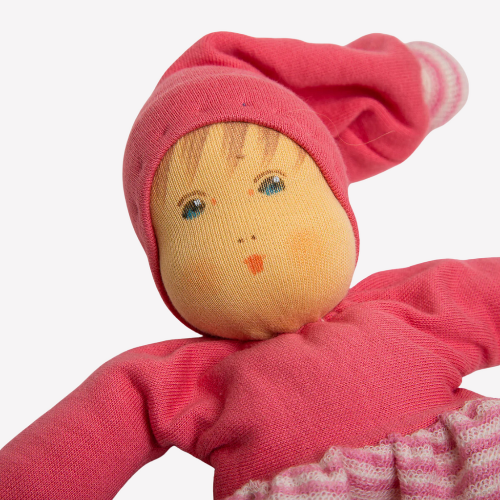 Nanchen Natur Mopschen Sleeping Doll - Organic Cotton and Organic Wool - Sweet and squishy, so cuddly... this little doll is perfect for baby. Lovingly handmade to be just right for little hands to grasp, hold and love. Wonderfully charming and adorable to look at, the subtle expression is calming and comforting. A friend to have along for naptime or anytime or a perfect gift! 