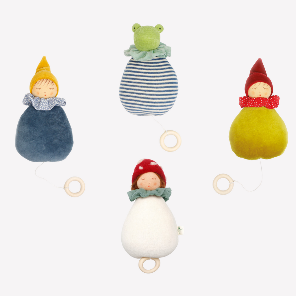 Dream King - Frog King - Organic Newborn Baby Sleep Toys, Pull string music boxes with beautiful lullaby.  Dream King - Nanchen Natur - Best Seller Perfect for baby to drift of to fairytale dreamland with a sweet, soft, cuddly friend. Lovingly handmade to be just right for tiny hands to grasp and hold. Soothing, cozy, wonderfully soft and adorable to look at. Soft music will soothe and comfort. Great at home or on the go and a perfect gift! Organic