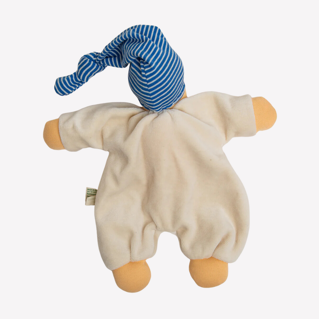 Back Picture - Nanchen Natur Sleeping Doll - Schlaf Schlafpupchen - Organic Cotton and Organic Wool 
Sweet, soft, cuddly and perfect for baby. Lovingly handmade to be just right for tiny hands to grasp and hold. Soothing, cozy, wonderfully soft and adorable to look at. Great at home or on the go and a perfect gift!