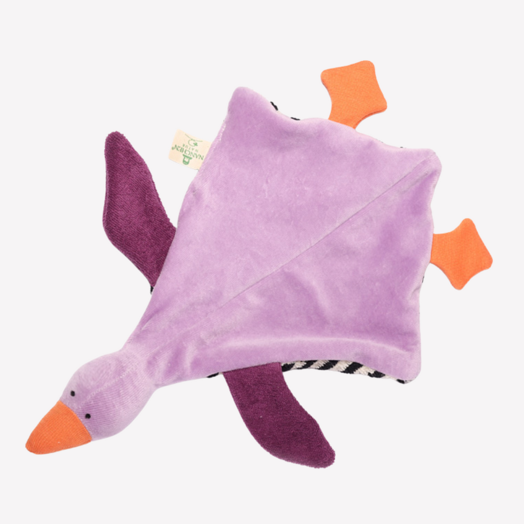 Soft, cozy and silly, this wonderful soothie is easy for little hands to grasp and soothing to have near for baby.  Organic and washable, with small rattle.  Newborns love this toy from Nanchen Natur