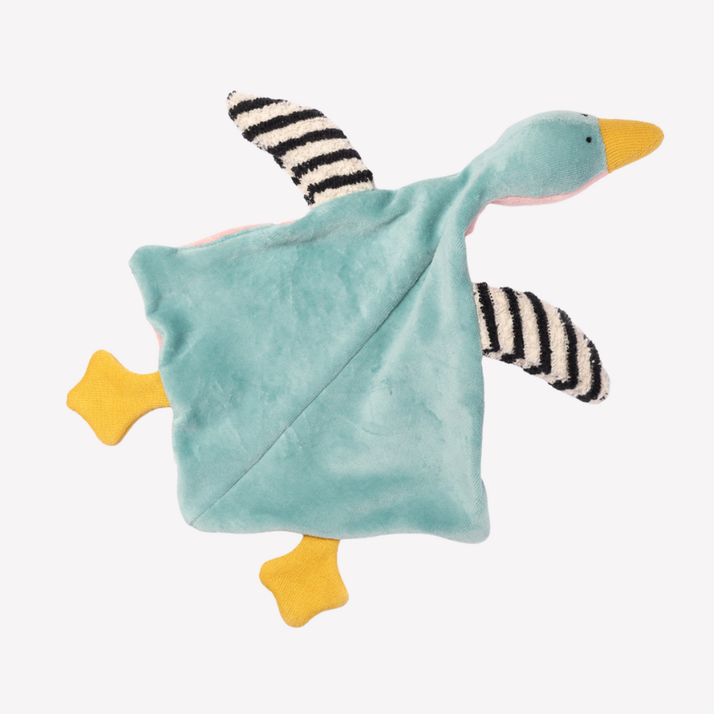Soft, cozy and silly, this wonderful soothie is easy for little hands to grasp and soothing to have near for baby.  Organic and washable, with small rattle.  Newborns love this toy from Nanchen Natur