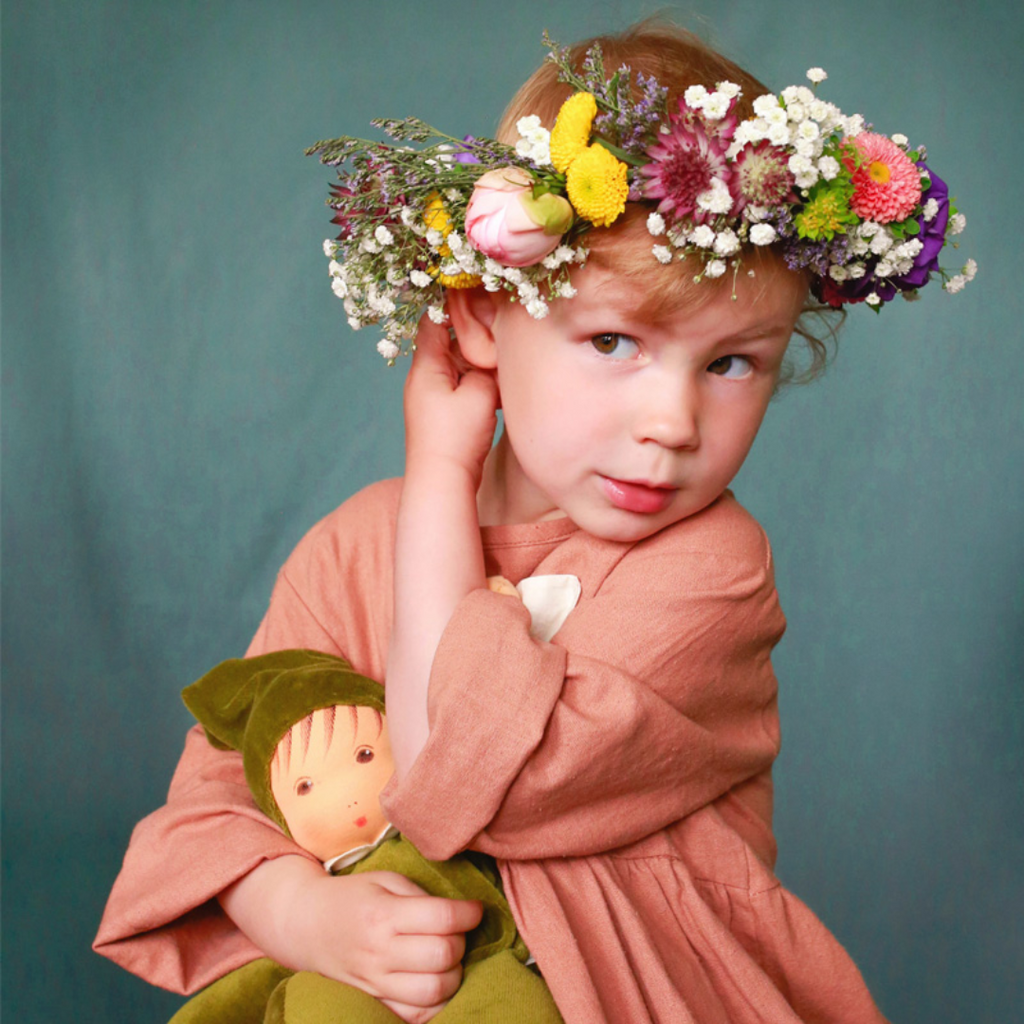 A lovely first doll for your baby to hold and snuggle. The subtle expression will charm and sooth your little one. Perfect for cuddles and a fun companion for tummy-time, this sweet doll will be a lifelong friend. 
Organic Cotton and Organic Wool
