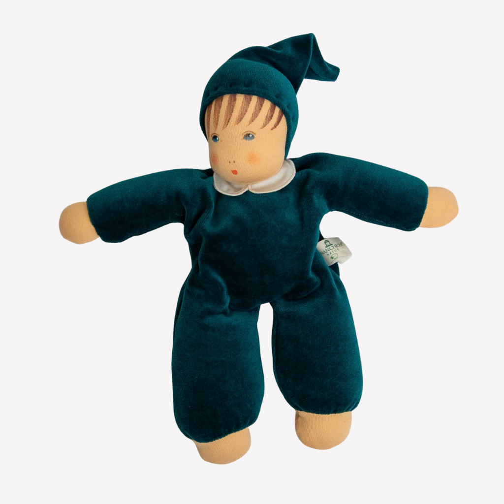 A lovely first doll for your baby to hold and snuggle. The subtle expression will charm and sooth your little one. Perfect for cuddles and a fun companion for tummy-time, this sweet doll will be a lifelong friend. 
Organic Cotton and Organic Wool

