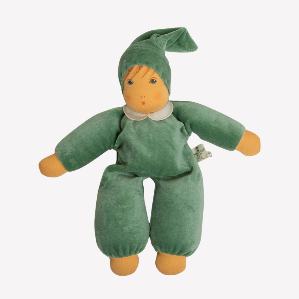 A lovely first doll for your baby to hold and snuggle. The subtle expression will charm and sooth your little one. Perfect for cuddles and a fun companion for tummy-time, this sweet doll will be a lifelong friend. 
Organic Cotton and Organic Wool
