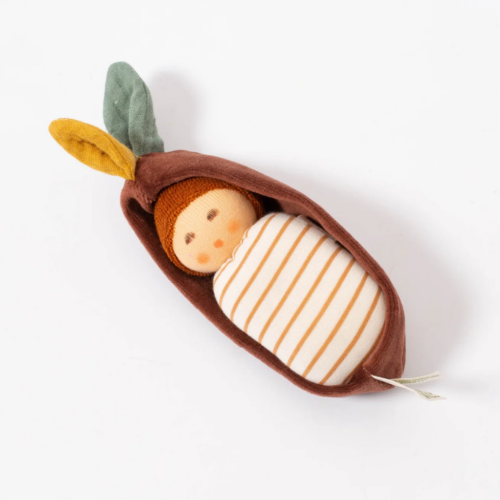 Oak Baby - Nanchen Natur This is the cutest little baby ever! Lovingly handmade for tiny hands to hold and love with a sweet, subtle expression to calm and soothe baby. A charming naptime or anytime friend at home or on the go.  Organic Rattle and lovie from Nanchen Natur