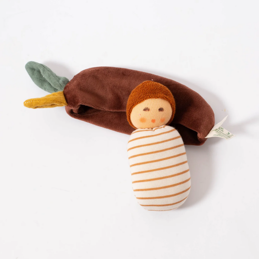 Oak Baby - Nanchen Natur This is the cutest little baby ever! Lovingly handmade for tiny hands to hold and love with a sweet, subtle expression to calm and soothe baby. A charming naptime or anytime friend at home or on the go.  Organic Rattle and lovie from Nanchen Natur