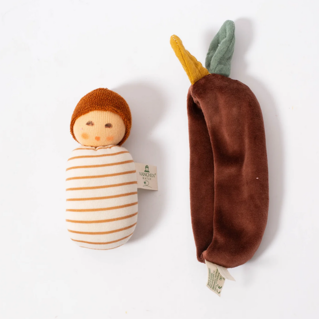 Oak Baby - Nanchen Natur This is the cutest little baby ever! Lovingly handmade for tiny hands to hold and love with a sweet, subtle expression to calm and soothe baby. A charming naptime or anytime friend at home or on the go.  Organic Rattle and lovie from Nanchen Natur