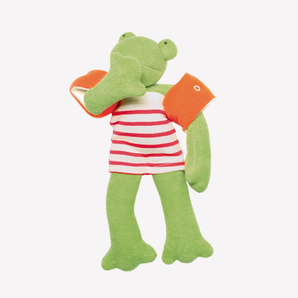 Most frogs swim but this adorable amphibian has floaties so she can really relax and work a bit less. Soft, cute and easy for little hands to hold, this hopper will be a favorite friend. Children love to imagine and create stories and this adorable frog is a just right companion to help play out those ideas, perhaps a pool or beach scene. The world of imagination awaits. At the end of the day this amazing doll is the perfect bedtime listener and cozy pal. 
