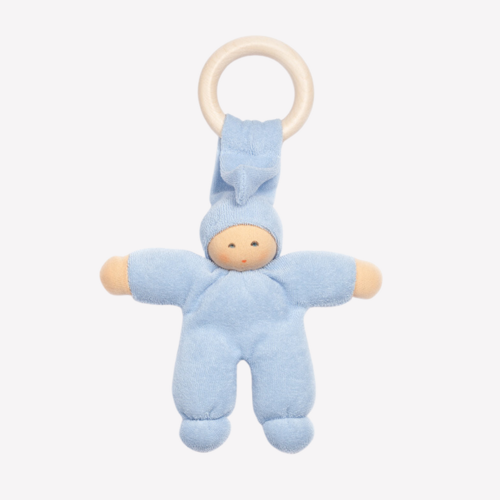 Nanchen Natur - Organic Cotton and Organic Wool - Pimpel with Ring - Teether - All Natural / Organic - Sweet, soft, cuddly and perfect for baby. Lovingly handmade to be just right for tiny hands to grasp and hold. The wood ring is smooth and soothing on baby's gums. Wonderfully soft and adorable to look at. Great at home or on the go and a perfect gift! Each sold separately.