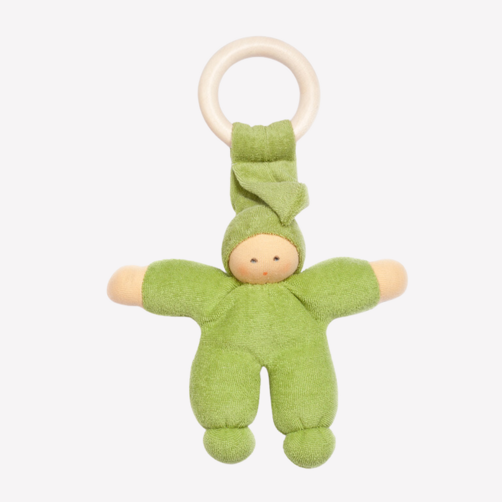 Nanchen Natur - Organic Cotton and Organic Wool - Pimpel with Ring - Teether - All Natural / Organic - Sweet, soft, cuddly and perfect for baby. Lovingly handmade to be just right for tiny hands to grasp and hold. The wood ring is smooth and soothing on baby's gums. Wonderfully soft and adorable to look at. Great at home or on the go and a perfect gift! Each sold separately.