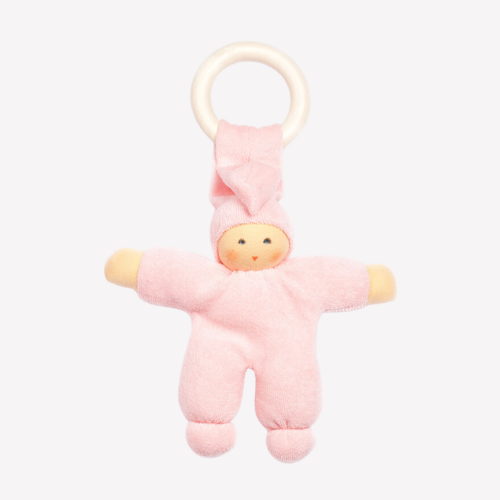 Nanchen Natur - Organic Cotton and Organic Wool - Pimpel with Ring - Teether - All Natural / Organic - Sweet, soft, cuddly and perfect for baby. Lovingly handmade to be just right for tiny hands to grasp and hold. The wood ring is smooth and soothing on baby's gums. Wonderfully soft and adorable to look at. Great at home or on the go and a perfect gift! Each sold separately.