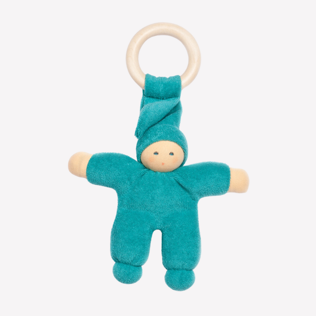 Nanchen Natur - Organic Cotton and Organic Wool - Pimpel with Ring - Teether - All Natural / Organic - Sweet, soft, cuddly and perfect for baby. Lovingly handmade to be just right for tiny hands to grasp and hold. The wood ring is smooth and soothing on baby's gums. Wonderfully soft and adorable to look at. Great at home or on the go and a perfect gift! Each sold separately.