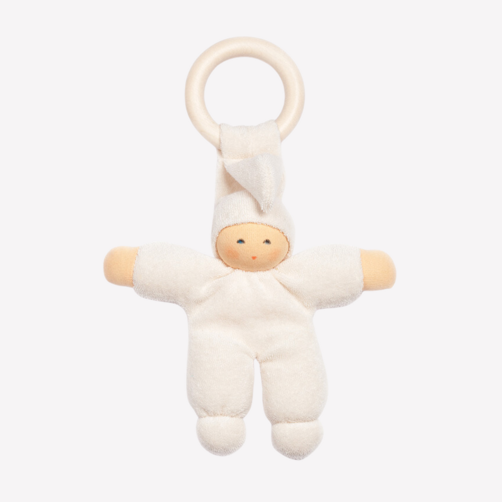 Nanchen Natur - Organic Cotton and Organic Wool - Pimpel with Ring - Teether - All Natural / Organic - Sweet, soft, cuddly and perfect for baby. Lovingly handmade to be just right for tiny hands to grasp and hold. The wood ring is smooth and soothing on baby's gums. Wonderfully soft and adorable to look at. Great at home or on the go and a perfect gift! Each sold separately.