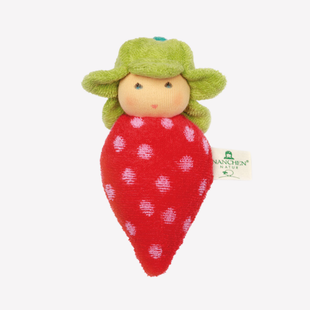 The cutest strawberry ever! Sweet and juicy... fresh from the garden, this little rattle is perfect for baby. Lovingly handmade to be just right for little hands to grasp, hold and love. Wonderfully appealing and adorable to look at, the subtle expression is calming and comforting. A friend to have along anytime or a adorable gift!